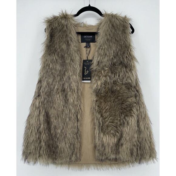 NEW Escalier Women’s Faux Fur Vest Khaki Size 12 Sleeveless Luxury Classy NWT - Picture 1 of 6